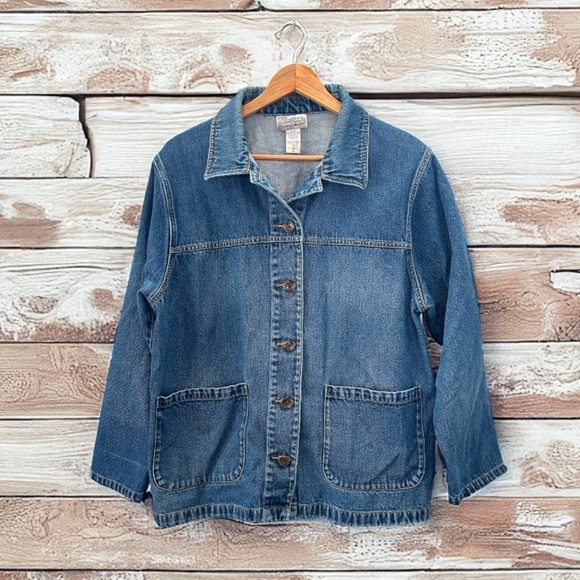 Vintage Denim Button Down Chic Relaxed Fit Barn Coat w Apron Front Pockets - Picture 1 of 5